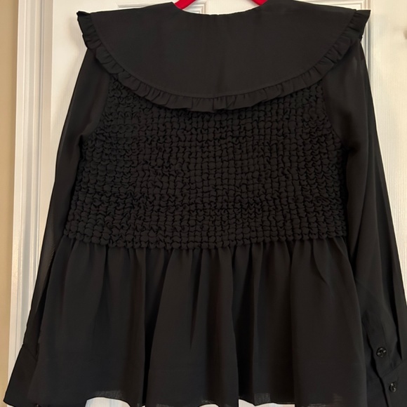 GANNI sz 34 Ruffle Collar Smocked Chiffon Blouse Black - Picture 5 of 7